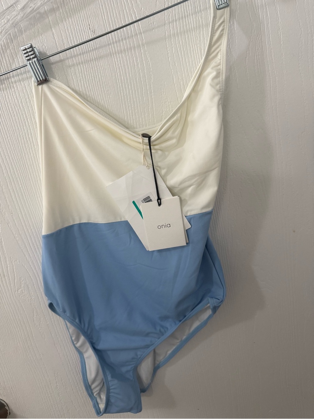 Onia women’s Two-Tone Cream and Light Blue One-Piece Swimsuit